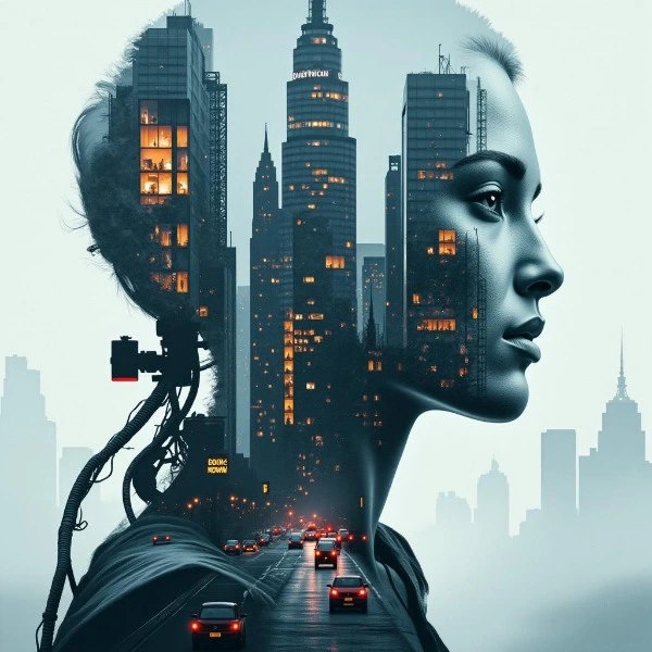 Example of AI-generated cyberpunk double exposure art